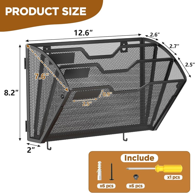 Docnest 3 Tier Mesh Wall File Holders with Hooks – 3 Pack Hanging Letter Holder - Document Organizer for Mail, Paper, Office, Home, School – Space-Saving Wall Mounted Folder Holder – Black - Image 2